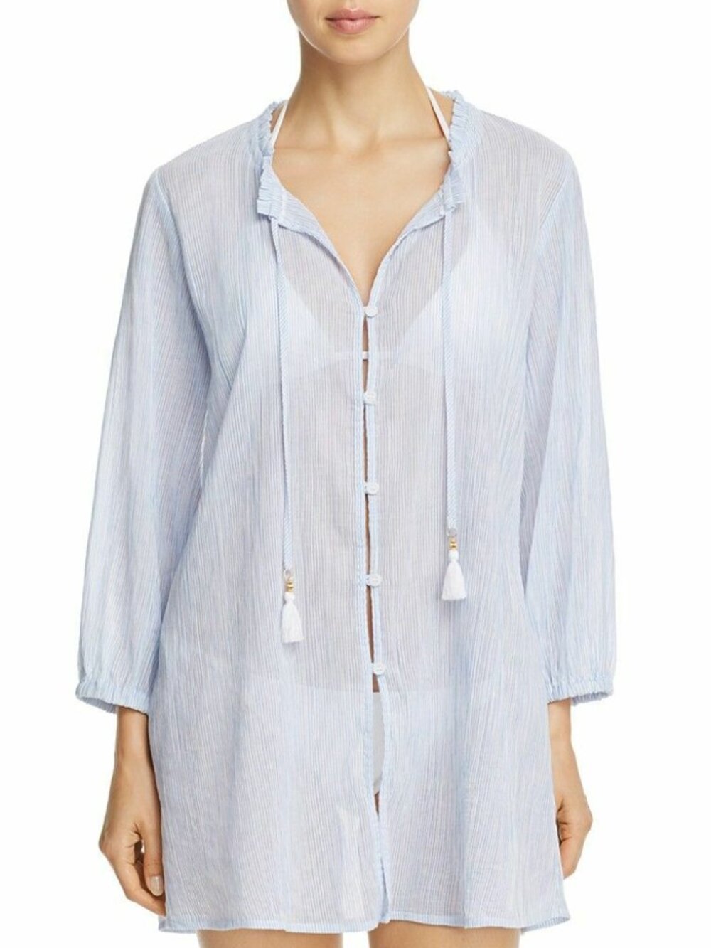 TOMMY BAHAMA Gauze Seersucker Tunic Swim Coverup, S, Light Blue, Tassels Buttons